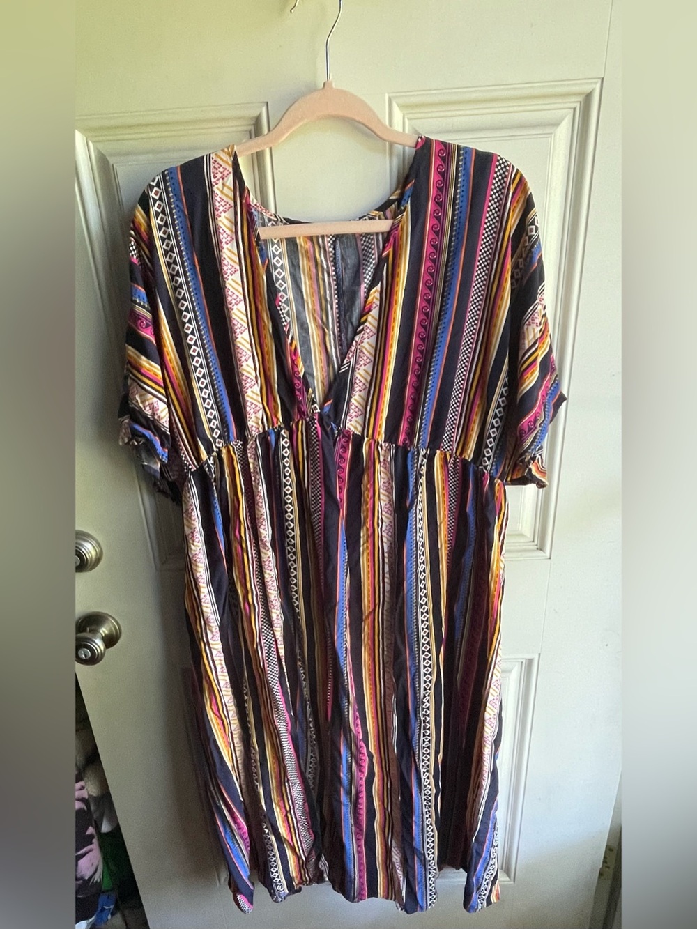 SHEIN Multicolor Vertical Stripe V-Neck Dress with Pink, Blue, Yellow & Black